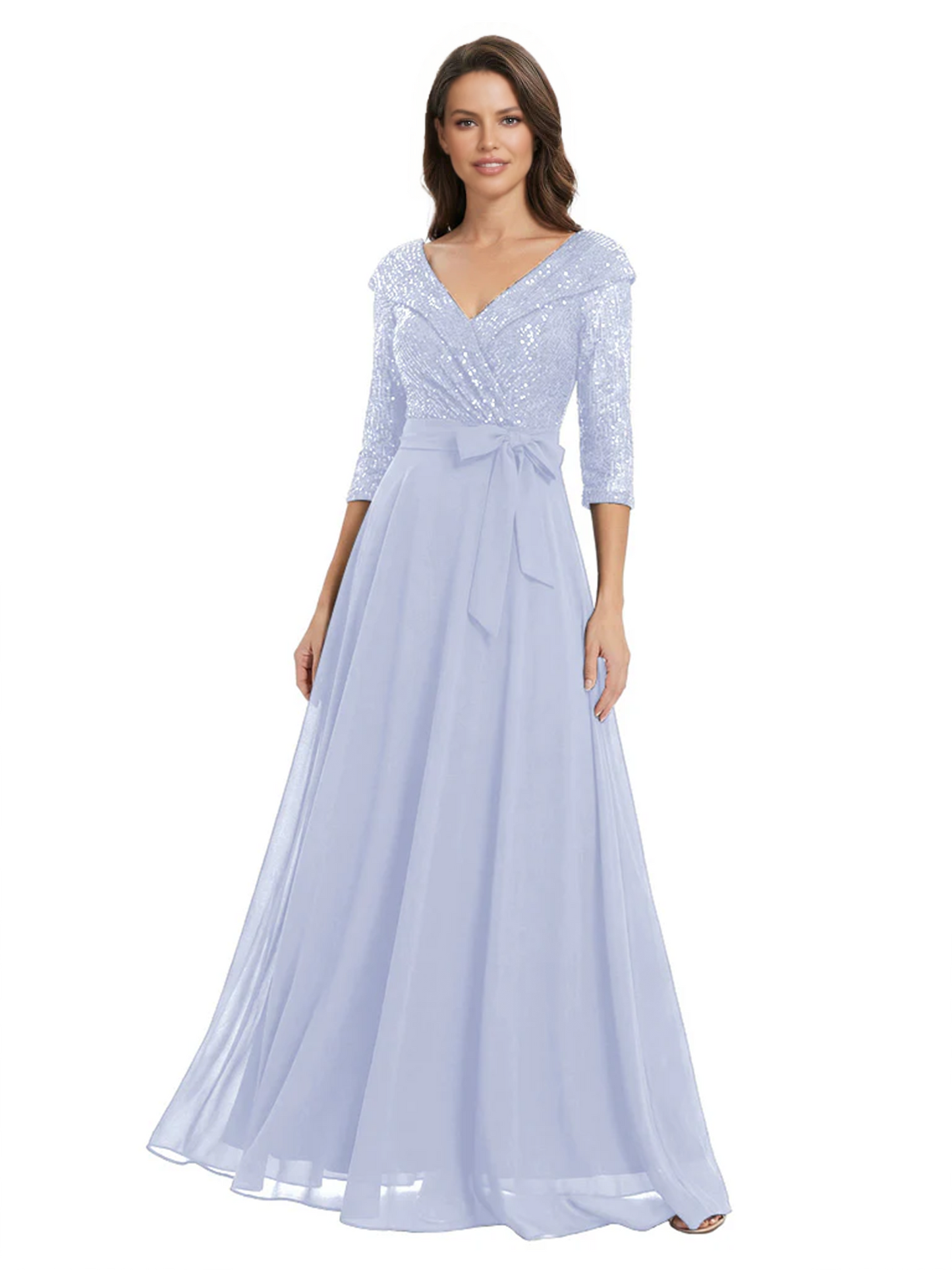 Chiffon Mother of the Bride Dress with Sequin V-Neck and Elegant Bow Sash