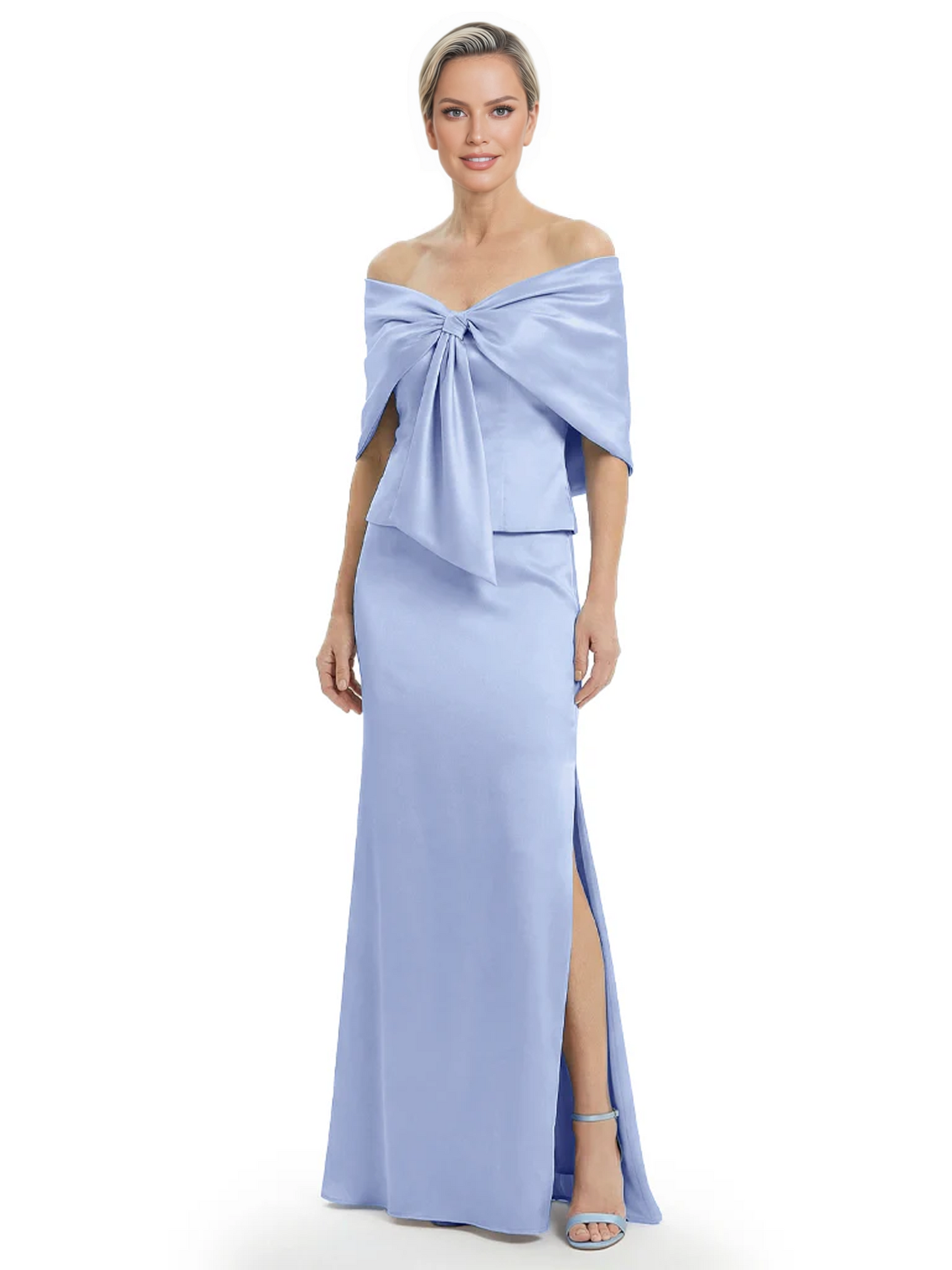 Formal Floor-Length Mother of the Bride Gown Satin Maxi Dress with Bow Neckline