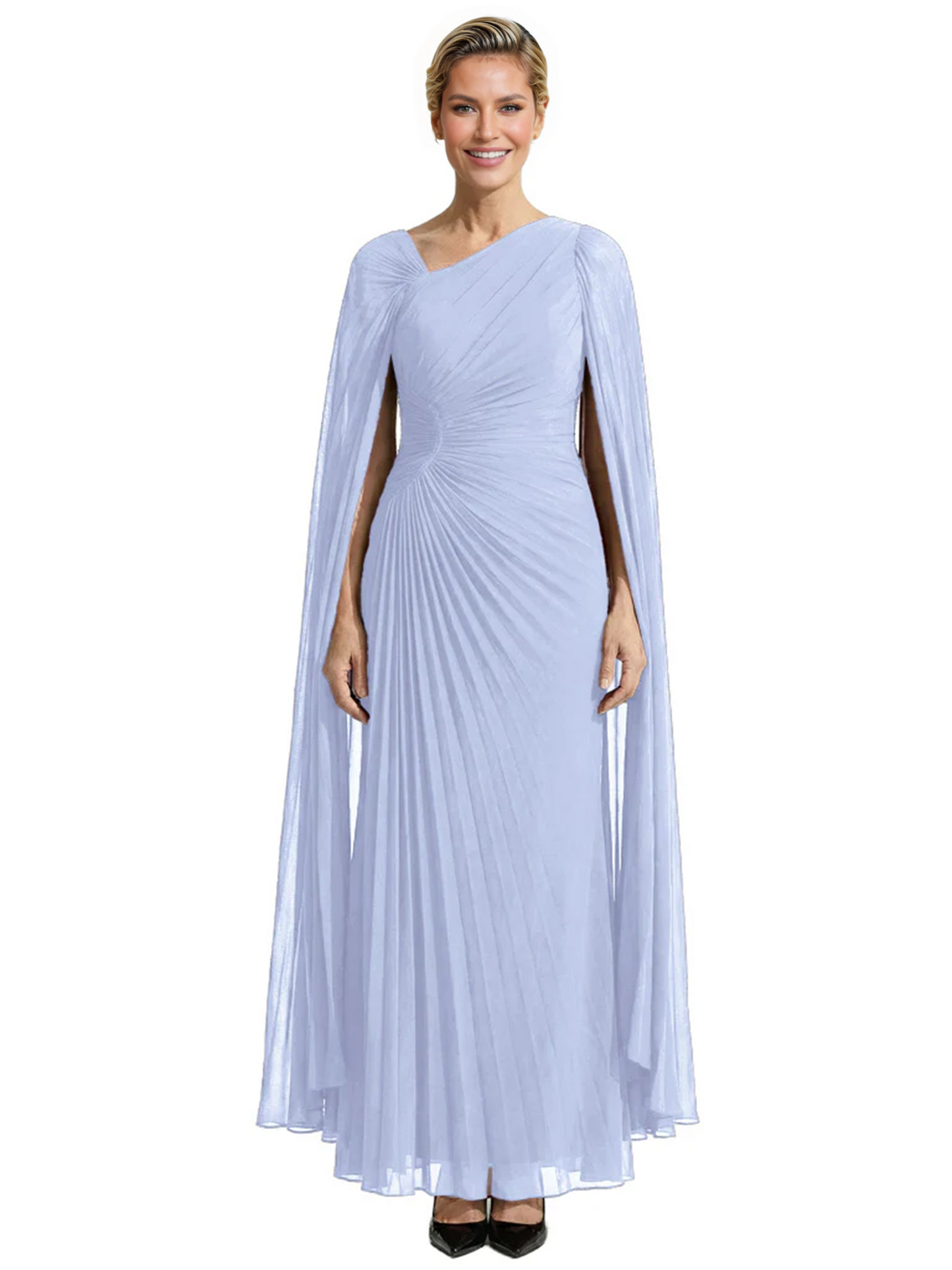 Elegant Asymmetric Neck Long A-Line Chiffon Mother of the Brides Dresses Mom Outfit with Cape