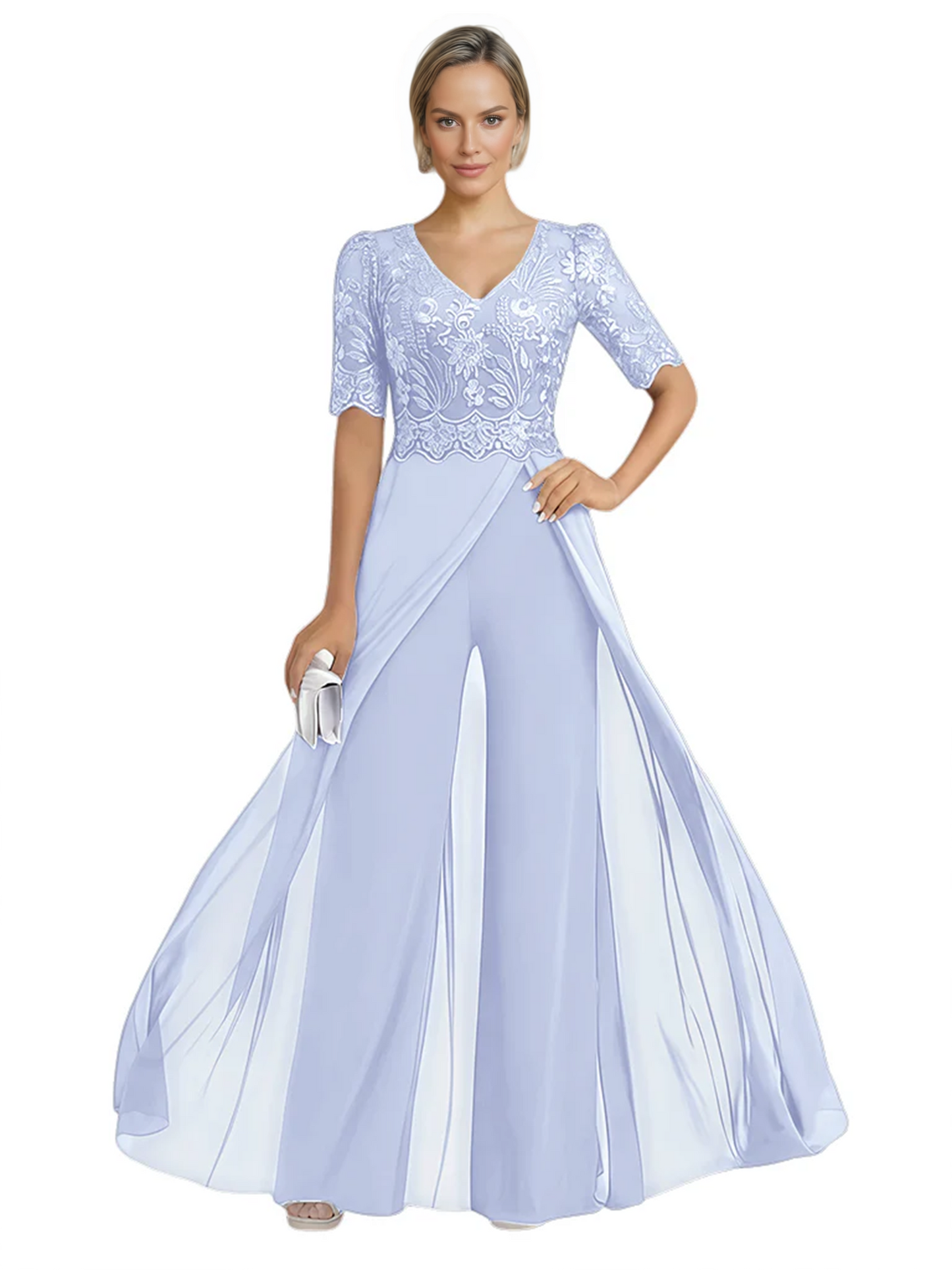 V-Neck Chiffon Mother of the Brides Jumpsuits Dresses Floor Length A-Line Lace