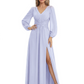 A-Line Mother of Bride Dress V-Neck Chiffon Gown Long Sleeves Slit Formal Dress