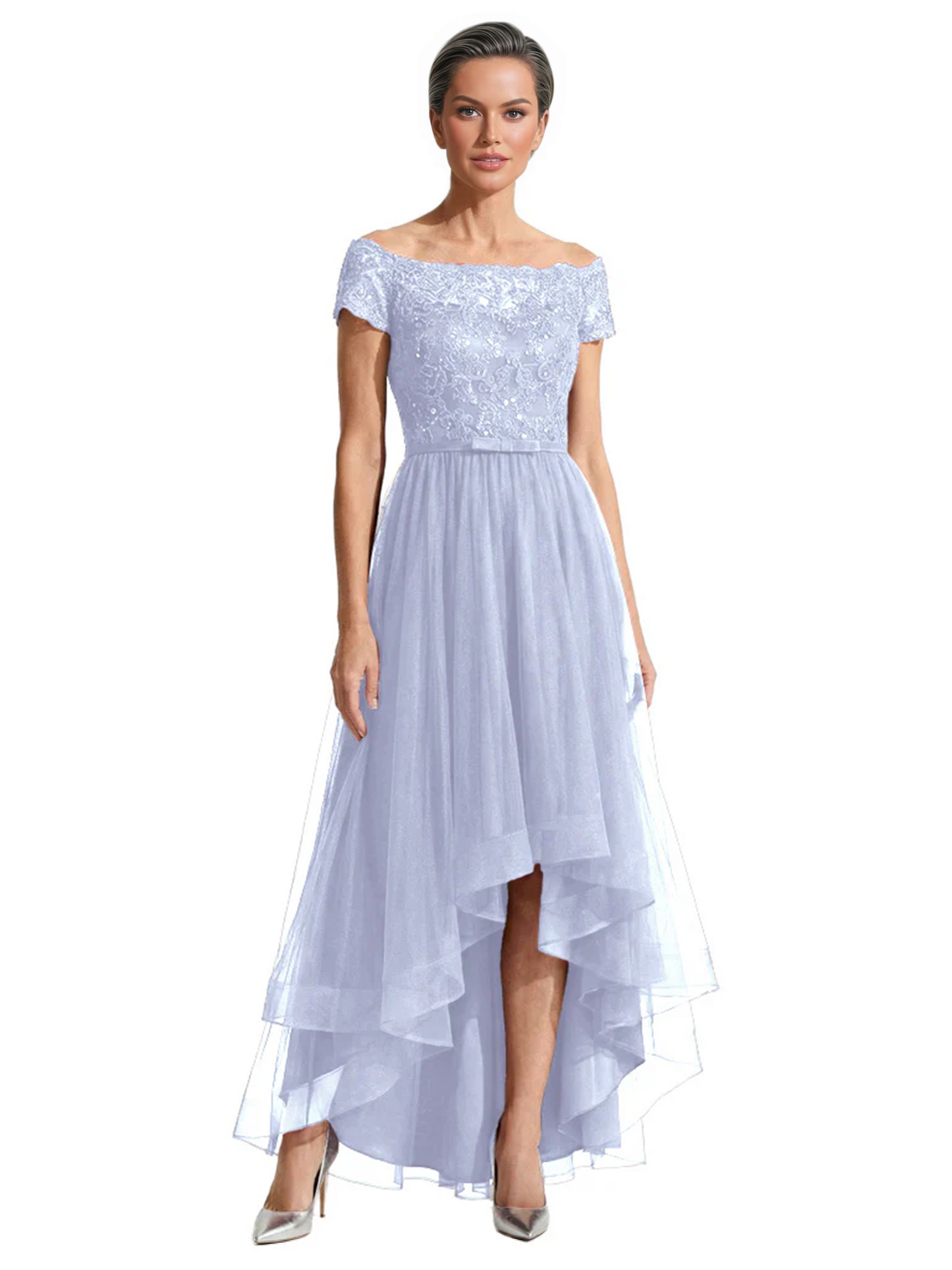 Formal High-Low Mother of the Bride Gown Short Sleeve Lace Maxi Dress with Tiered Skirt