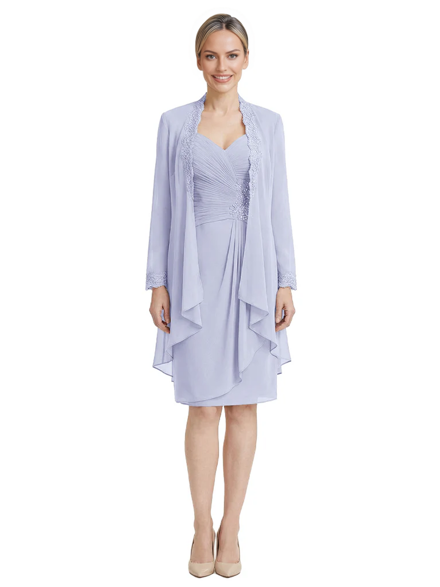 2PCS Knee Length Chiffon Mother of the Brides Dresses Short V-Neck