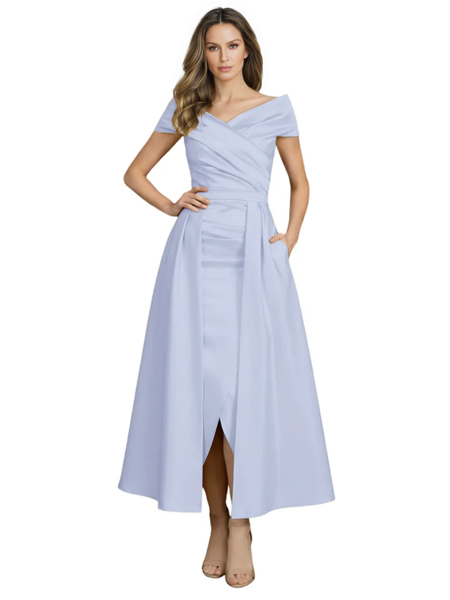 Formal Floor-Length Mother of the Bride Gown Satin Maxi Dress with Slit Off Shoulder