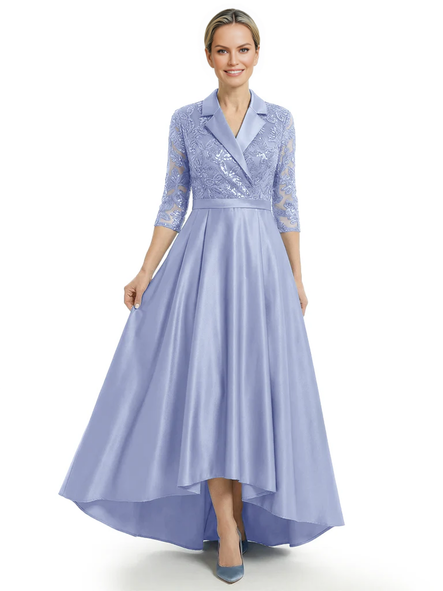 Elegant Mother of Bride Dress Evening Gowns Trending Styles with Lapel Collar 3/4 Sleeves