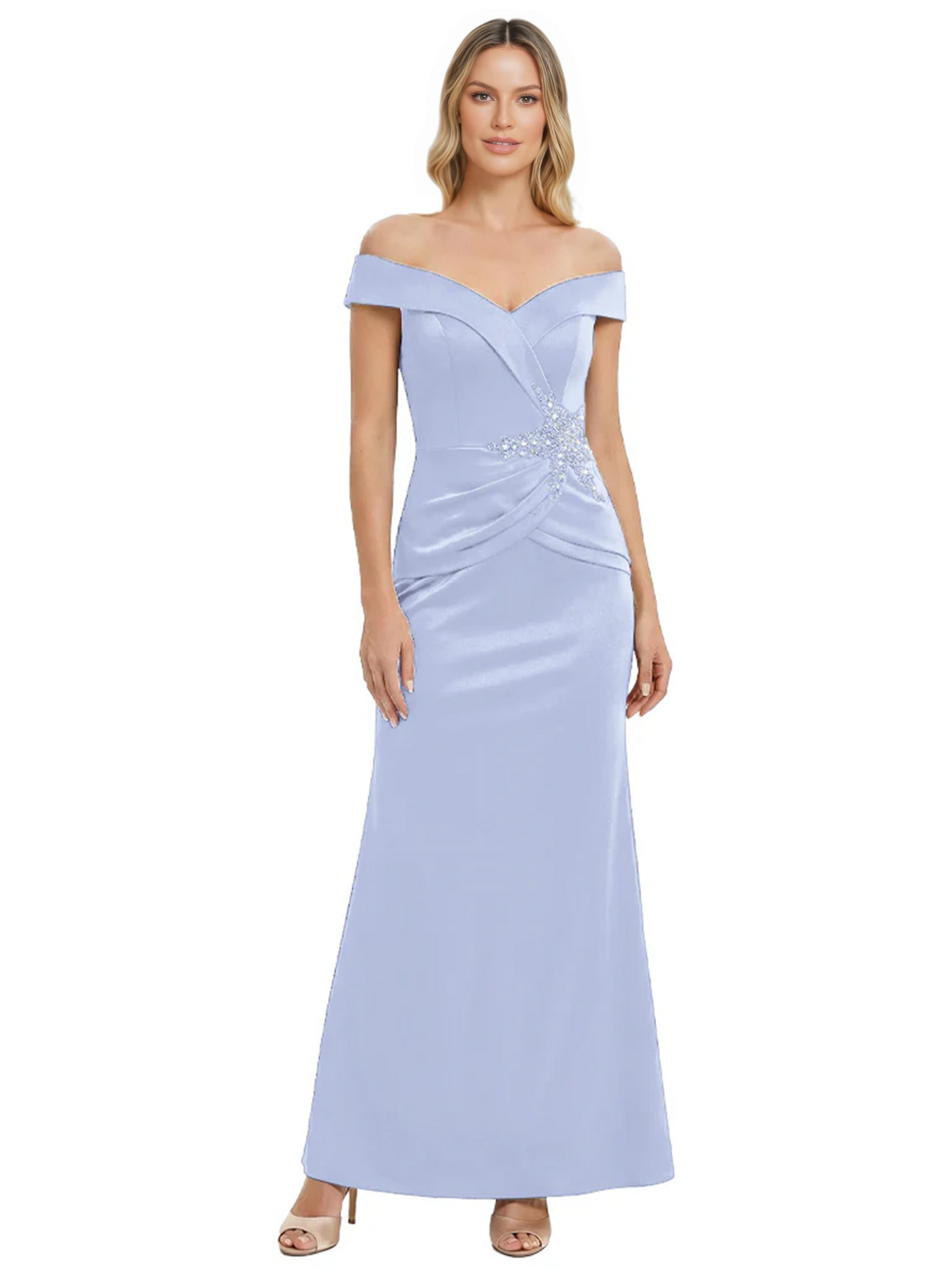 Off Shoulder Mother of the Bride Dress Beaded Waist Satin Gown Portrait Neckline