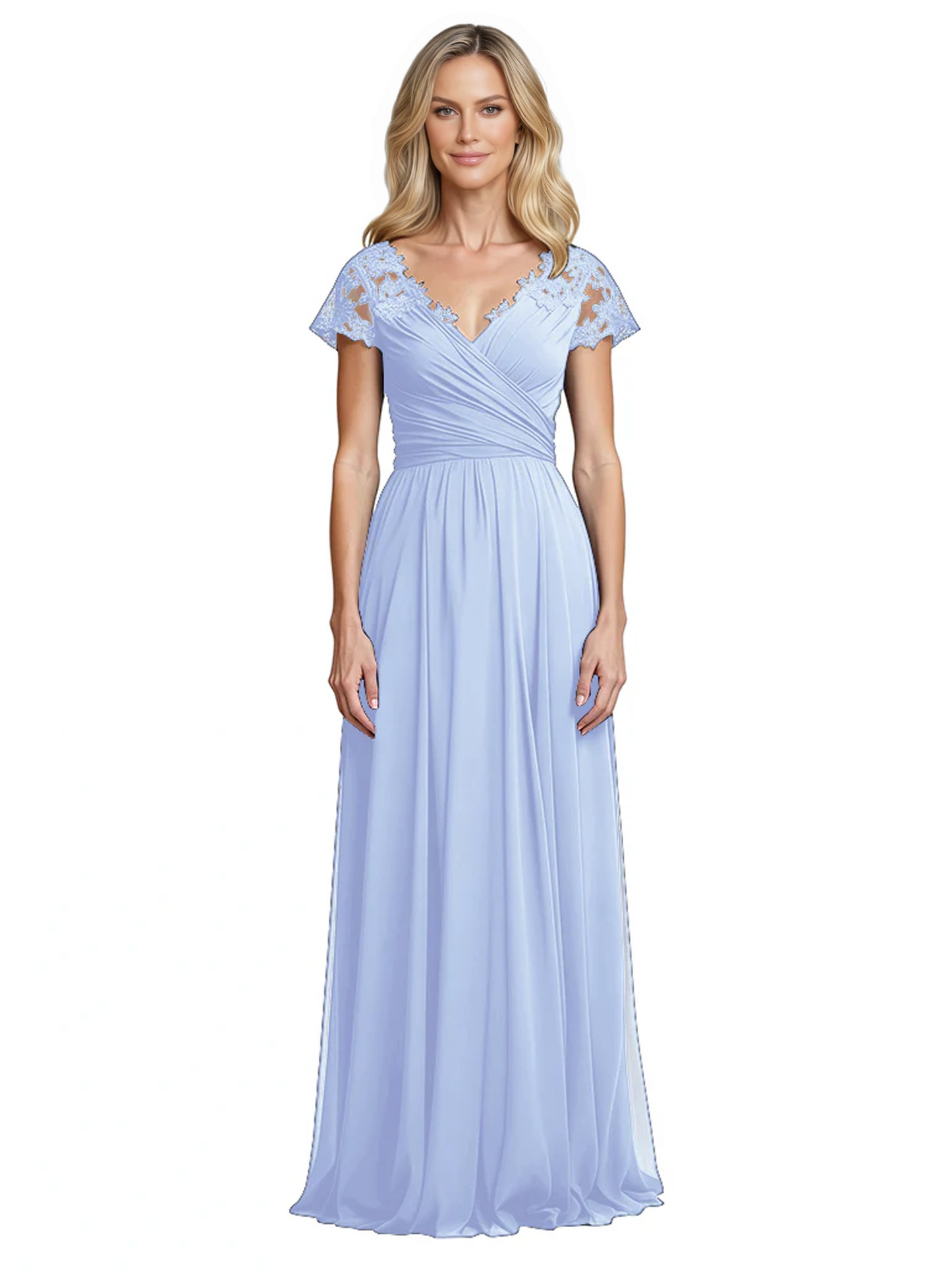 Mother of the Bride Dress Cap Sleeves and V-Neckline with Embroidered Lace Shoulders
