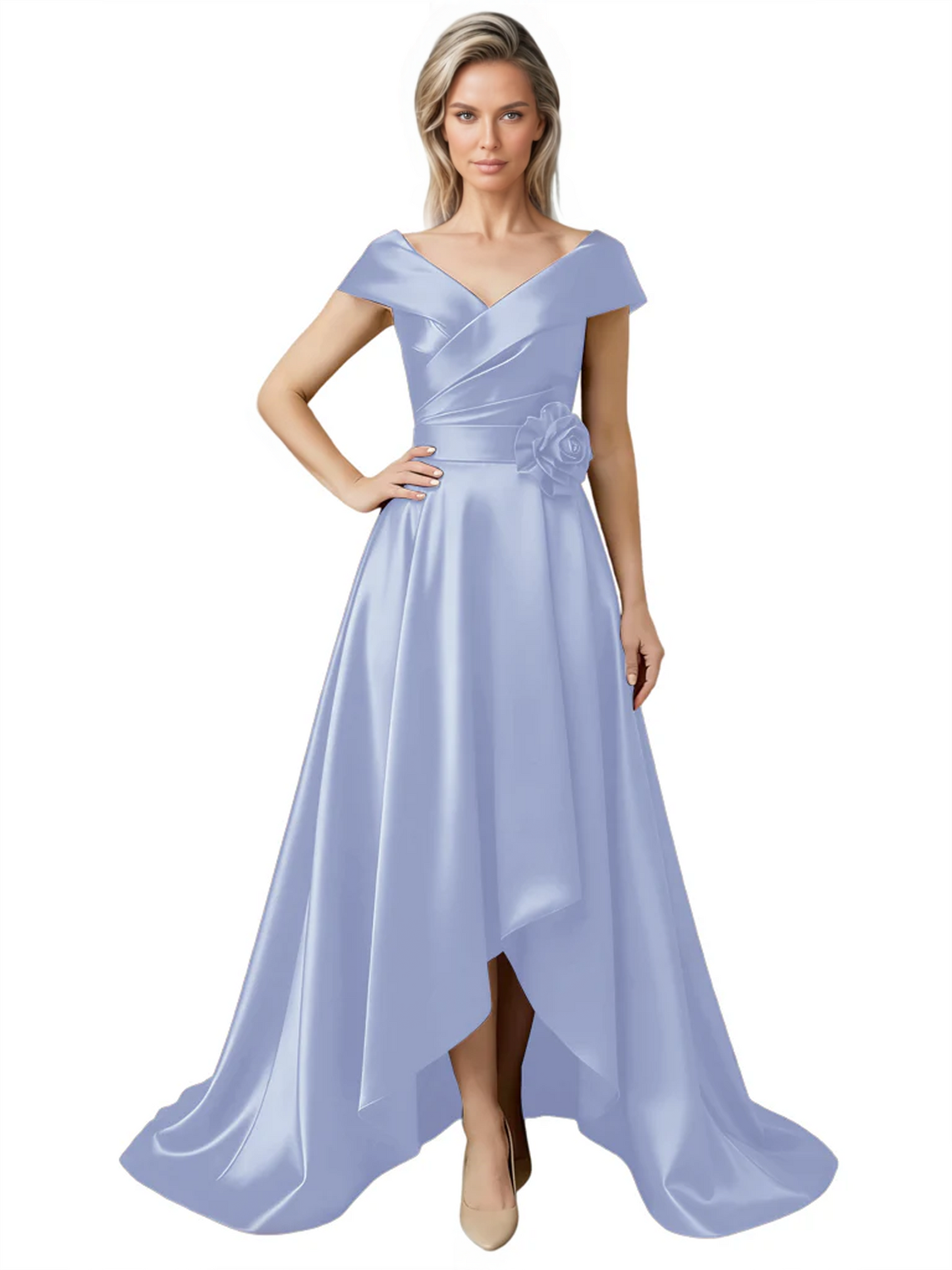 Off Shoulder Mother of the Bride Dress High-Low Satin Gown with Portrait Neckline