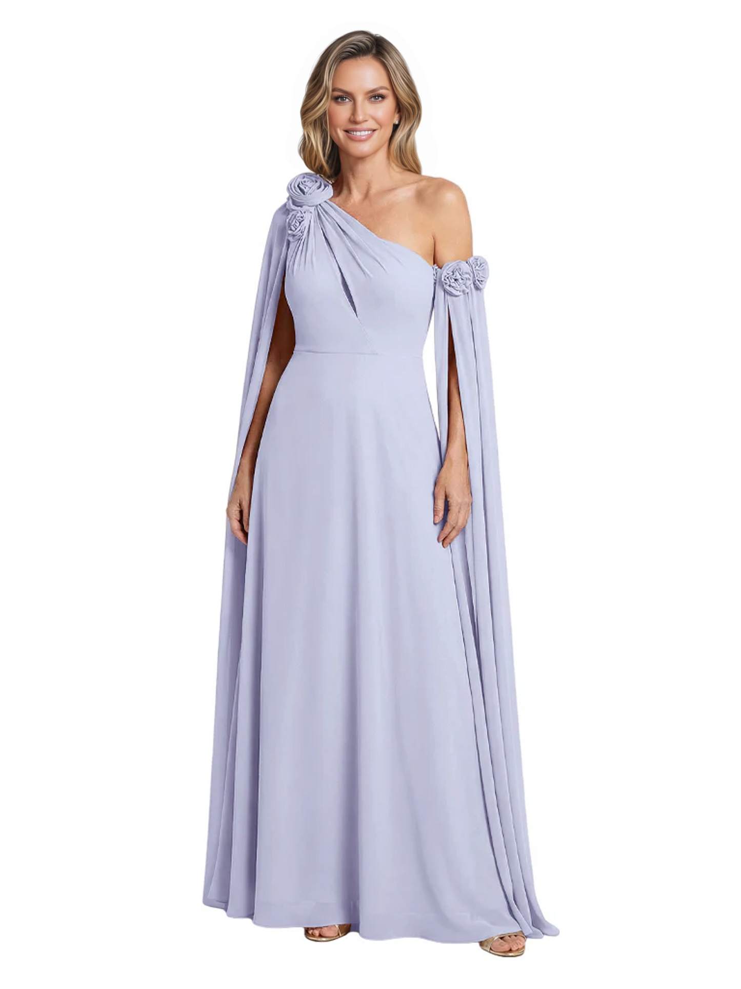 One Shoulder Mother of the Bride Dress Asymmetrical Cape Sleeve Gown with Floral