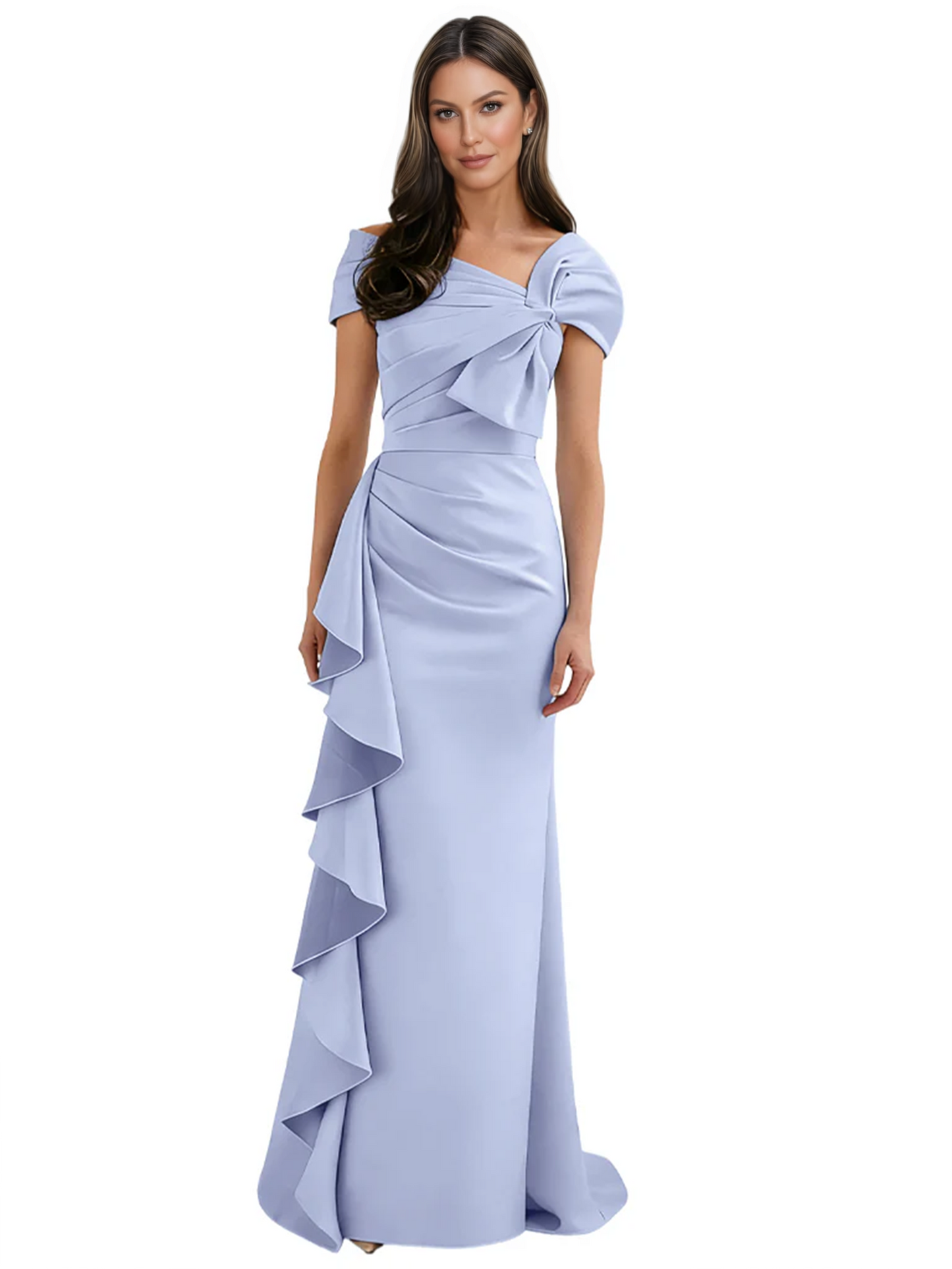 Elegant Mother of Bride Dress Formal Gowns Mermaid Ruffle Floor Length Asymmetric Neckline