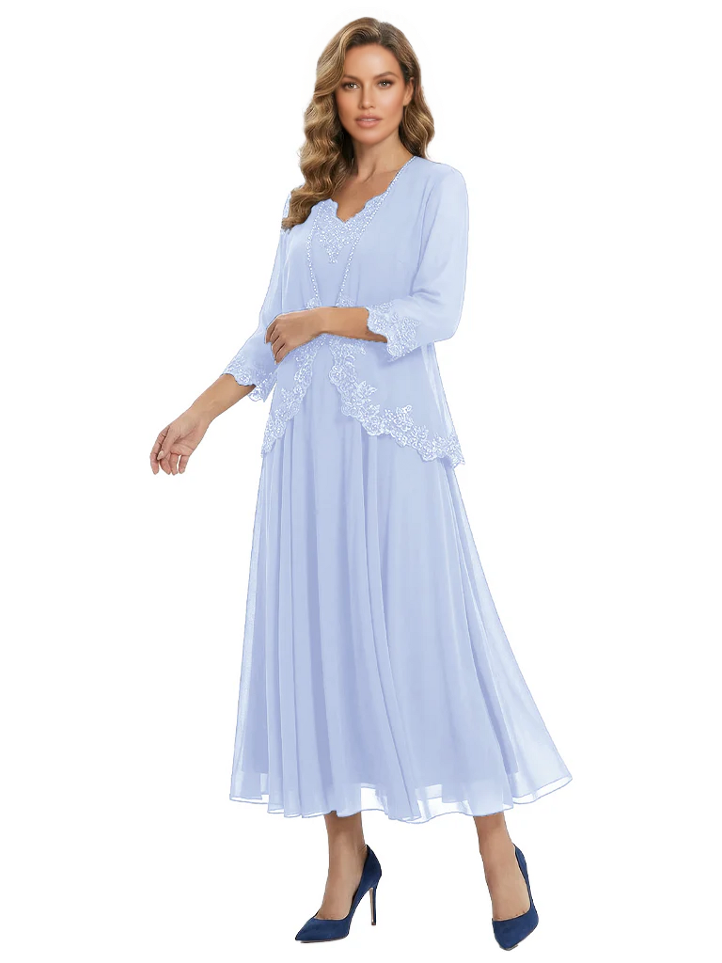 3/4 Sleeve Chiffon Mother of the Brides Dresses V-Neck Wedding Party Gowns