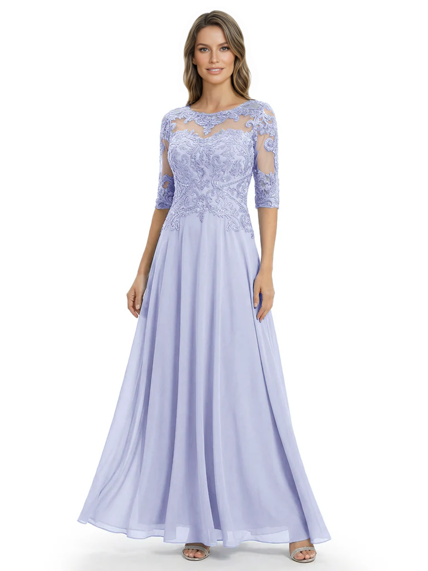 Illusion Neck Mother of the Bride Dress Half Sleeve Lace Applique Gowns Chiffon