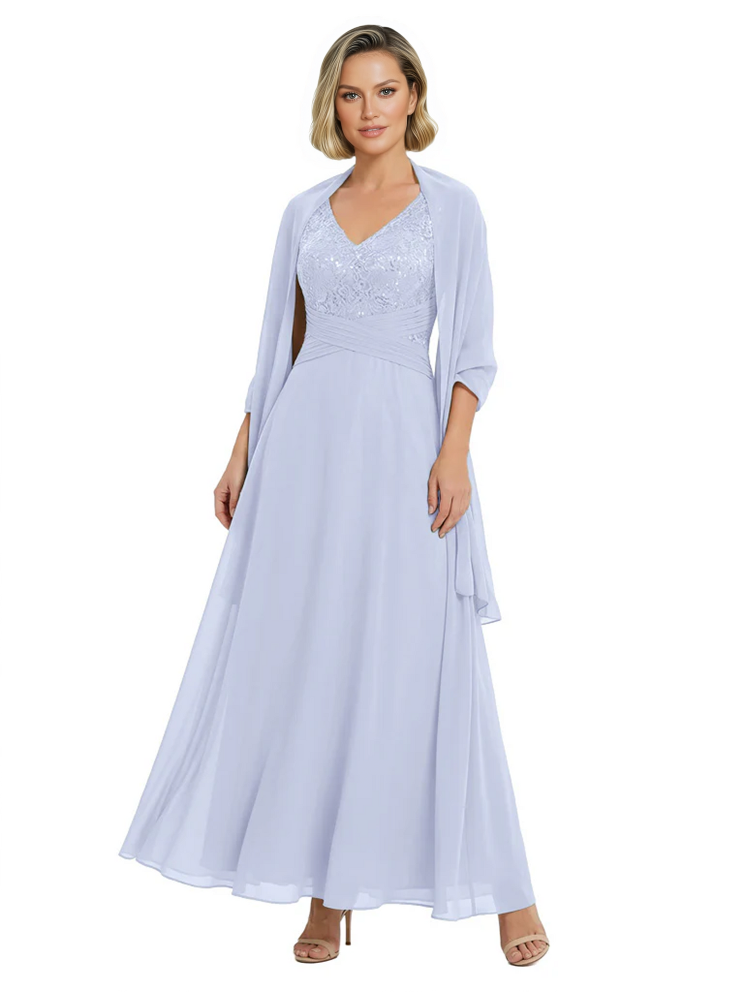 Luxury Formal Mother of Bride Dress Sparkling Sequin Top & Flowy Chiffon Skirt with Shawl