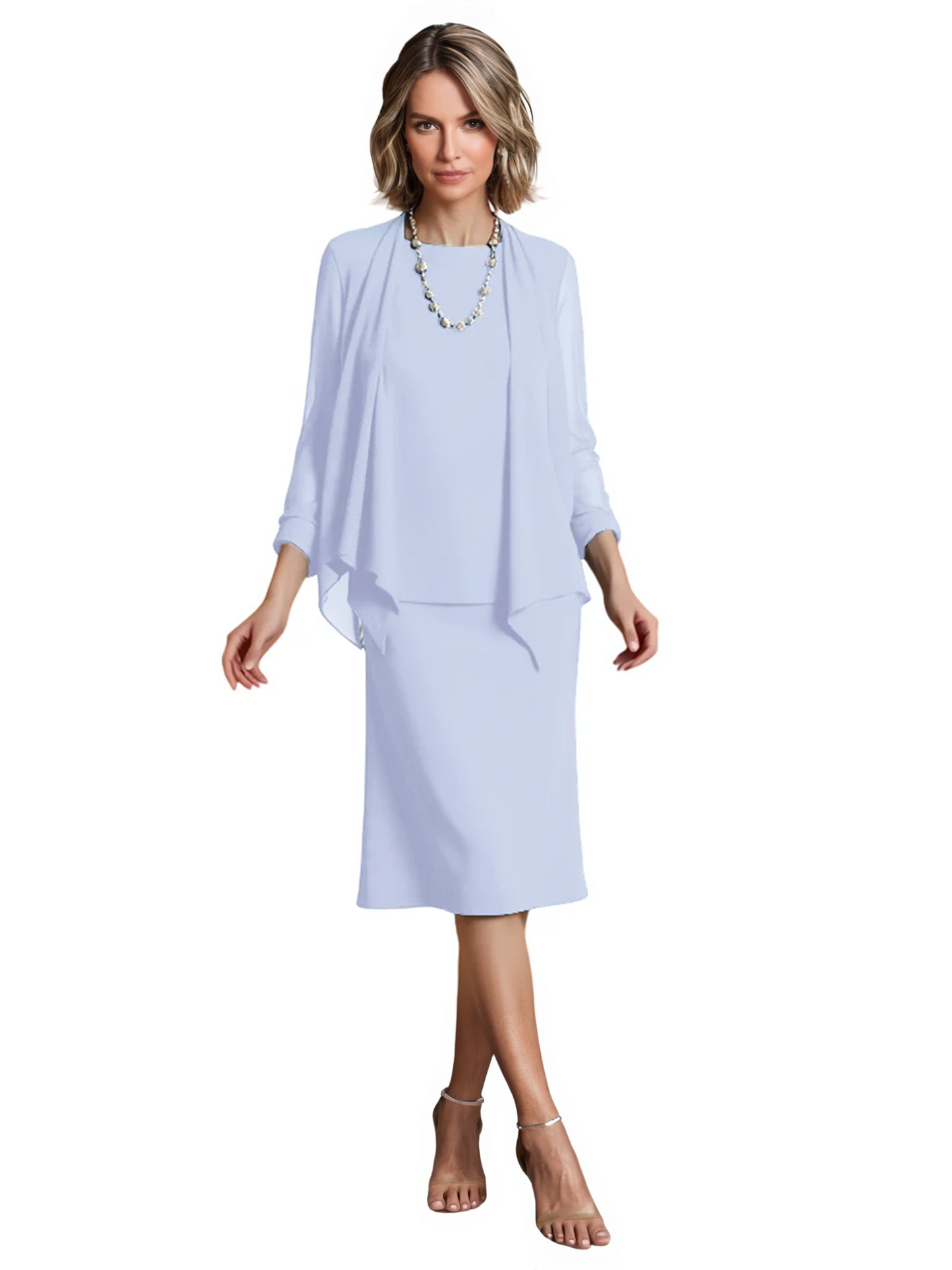 3 PCS Knee-Length Mother of Bride Dresses Prom Dress Evening Dress with Sheer Sleeves and Jacket