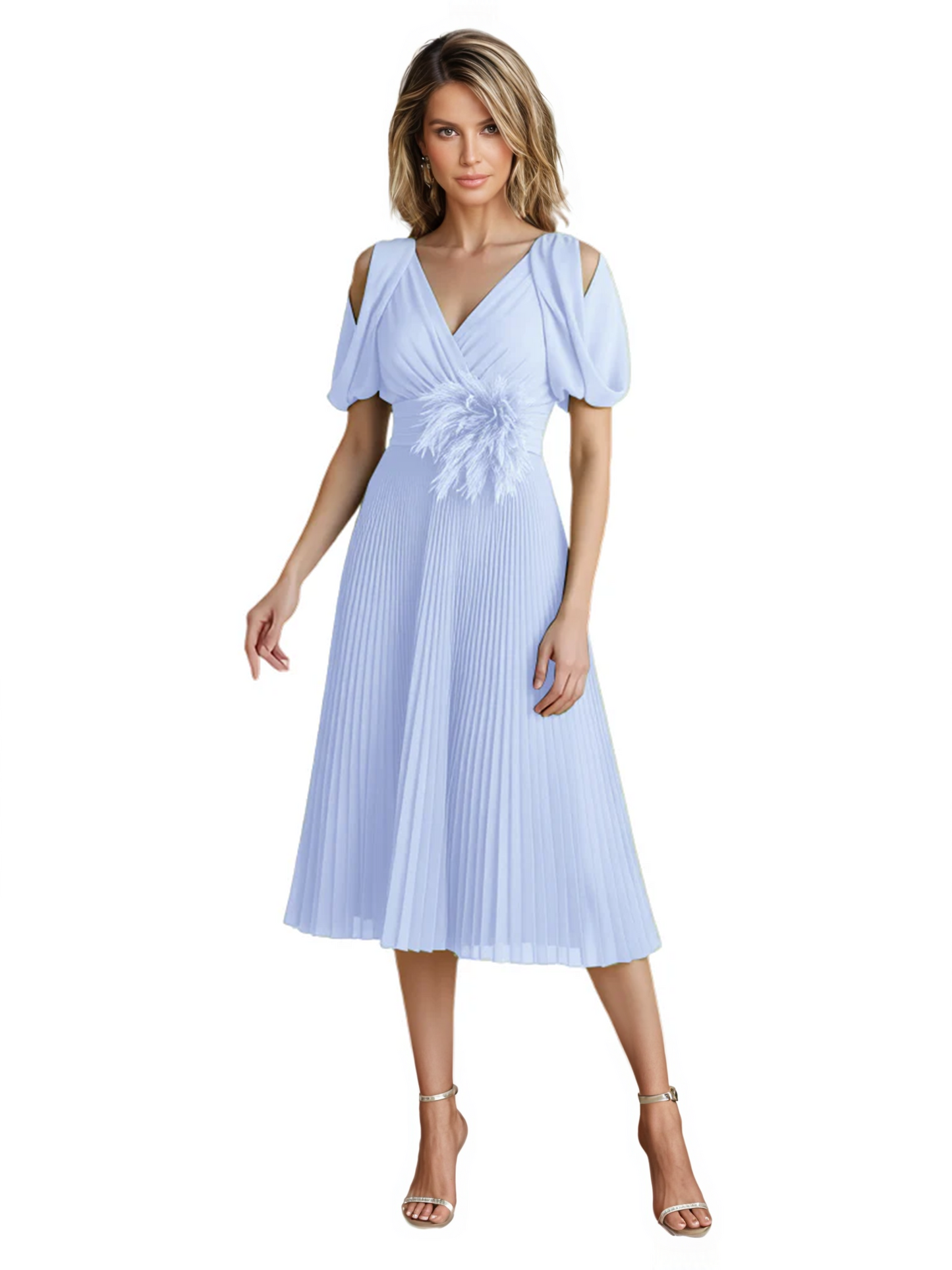 Wedding Formal Dress V-Neck Pleated Chiffon Gown with 3D Flower Accent Knee Length