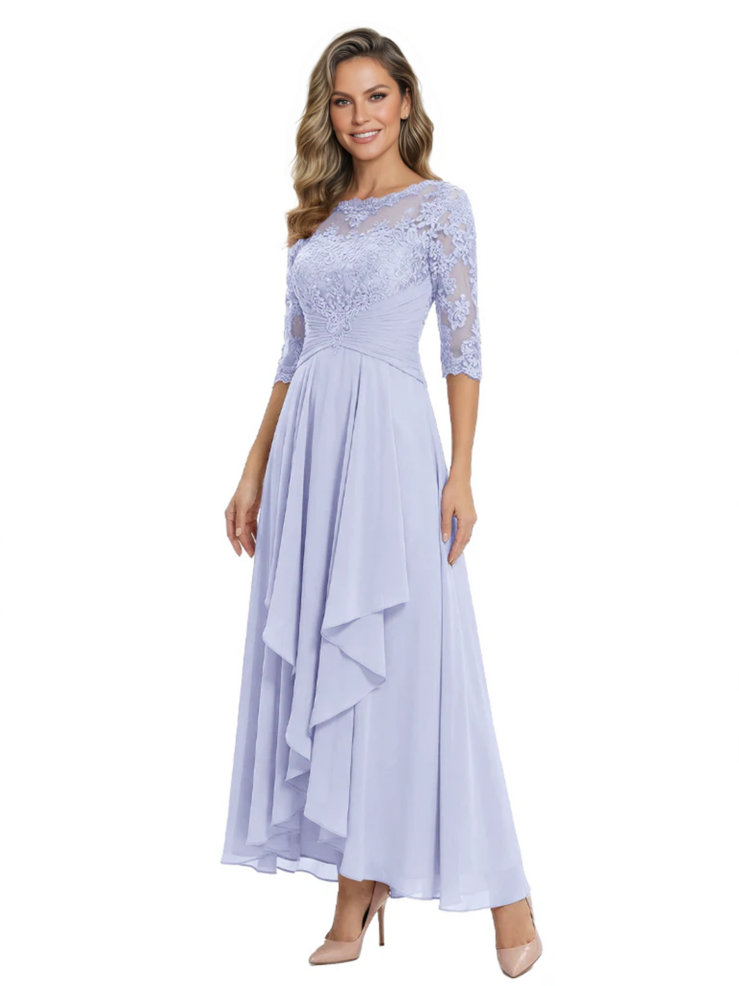 3/4 Sleeve Mother of the Bride Dress with Lace Embroidery High-Low Hem 2026