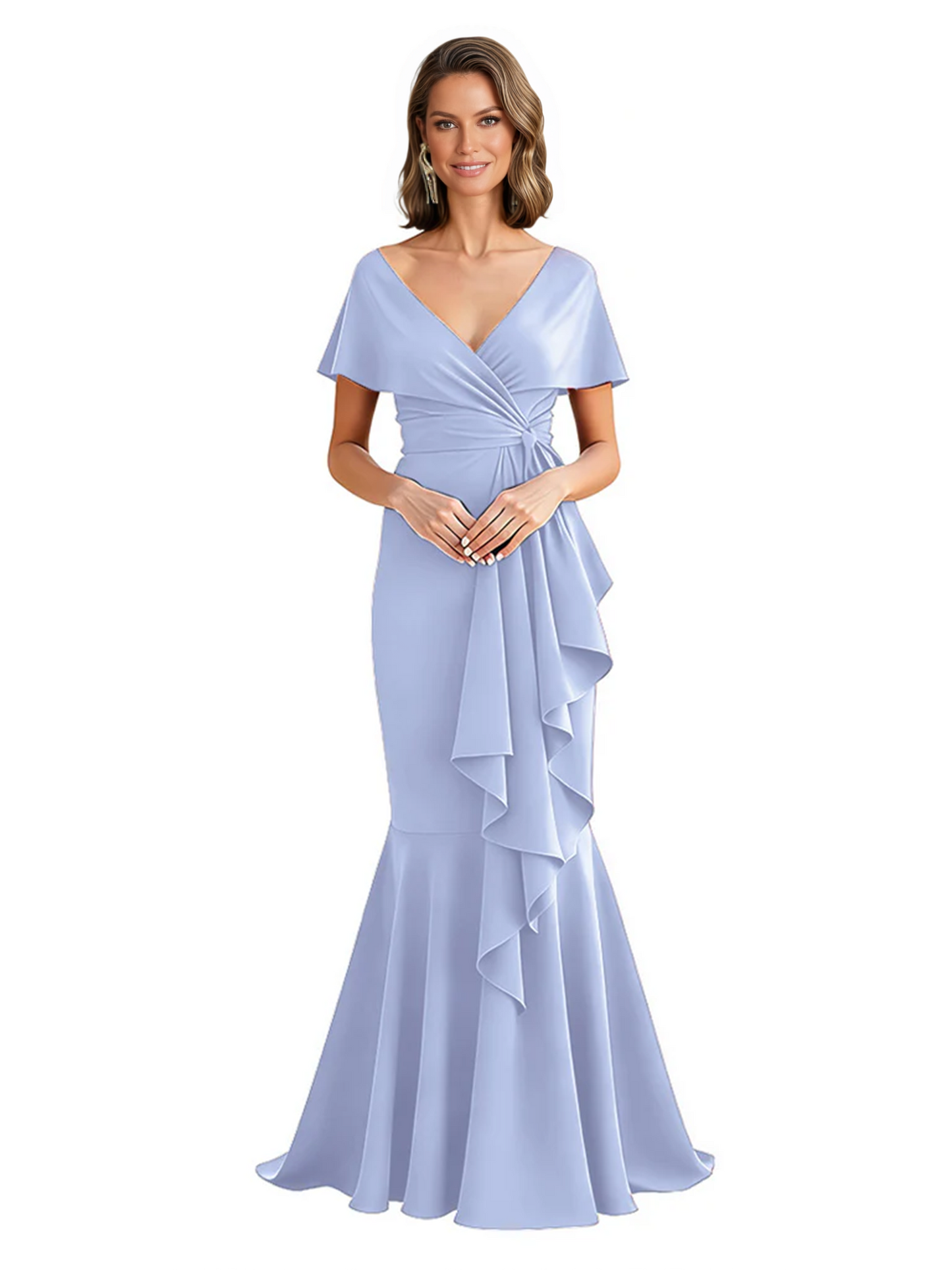 Satin Mother of the Bride Dress with Cascading Ruffles and Mermaid Tail V-Neck