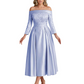Off Shoulder Mother of the Bride Dress Tea-Length Satin Gown with Lace Applique