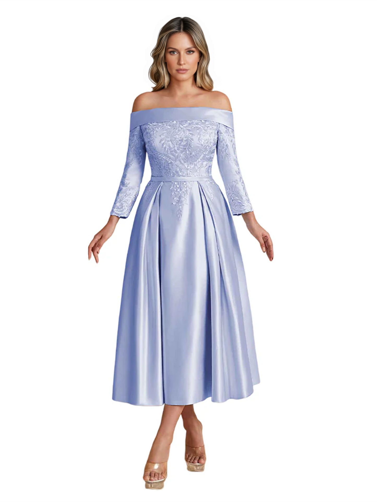 Off Shoulder Mother of the Bride Dress Tea-Length Satin Gown with Lace Applique