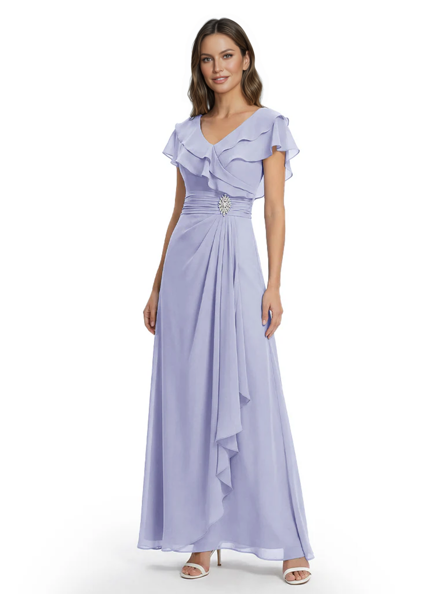 Elegant Mother of the Groom Dress Cascading Ruffle Chiffon Formal Gown Rhinestone