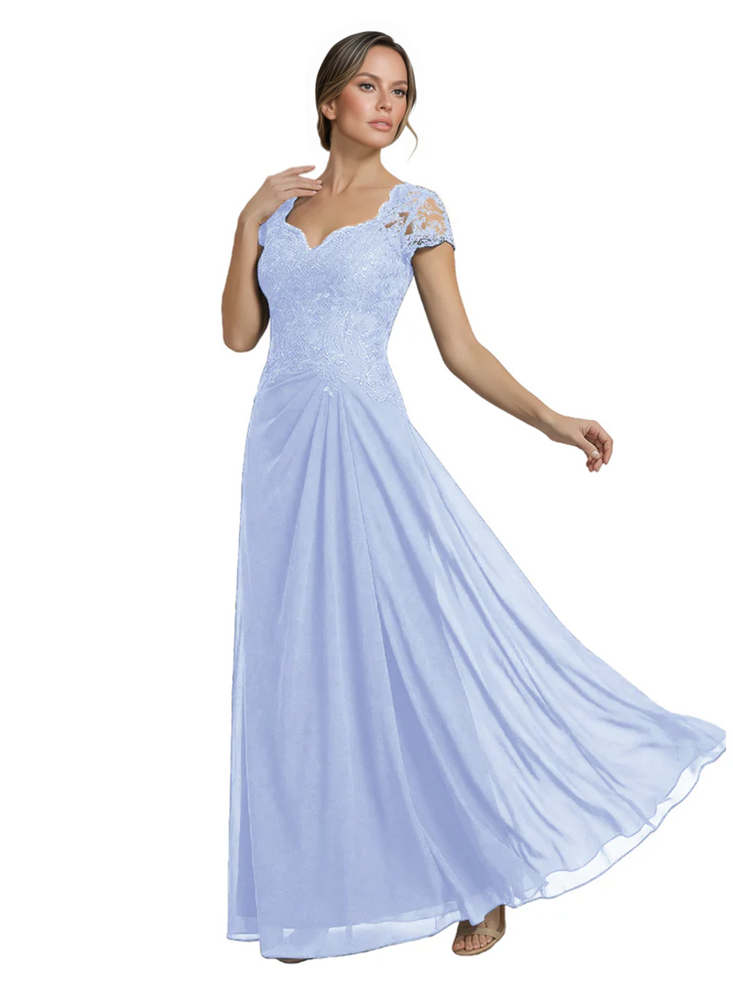 Long A-line Chiffon Short Sleeves Mother of the Brides Dresses Lace Wedding