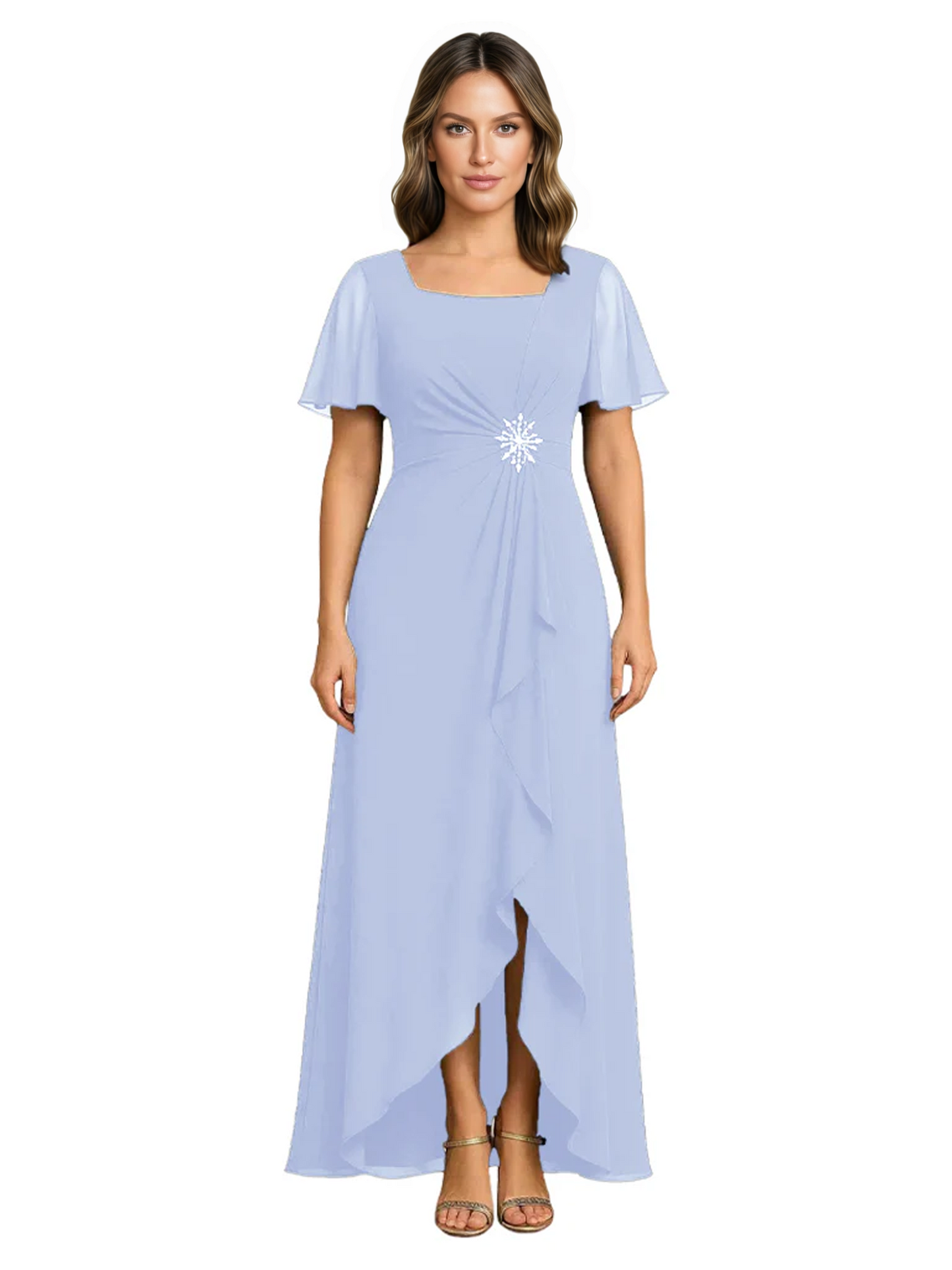 Formal High-Low Mother of the Bride Gown Sleeved Chiffon Maxi Dress Ruched Waist