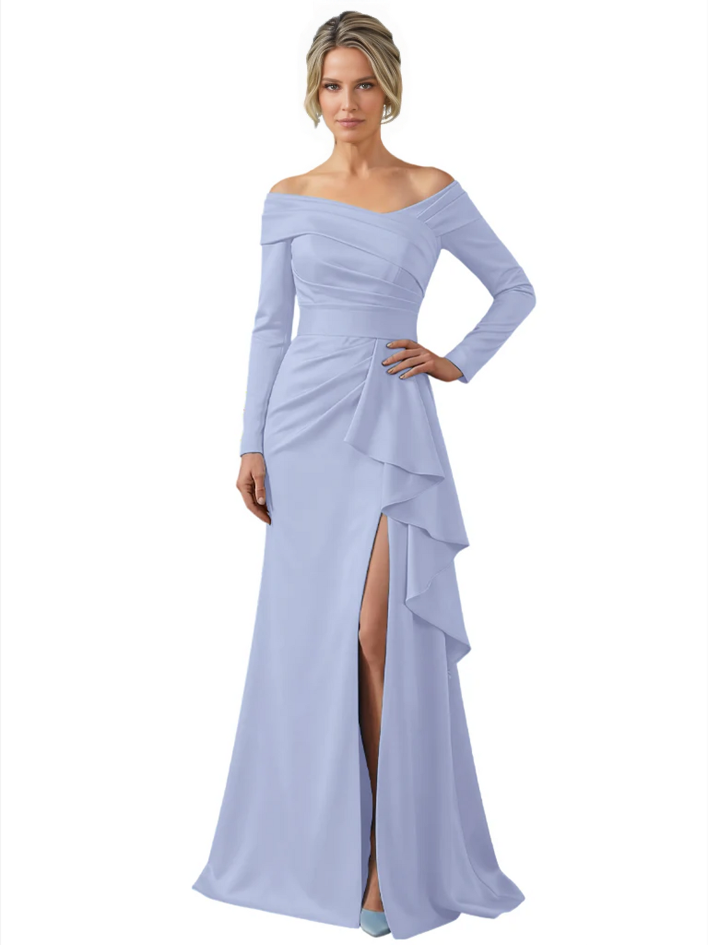 Elegant Mother of the Groom Dress Cascading Ruffle Satin Gown with High Slit Long Sleeves