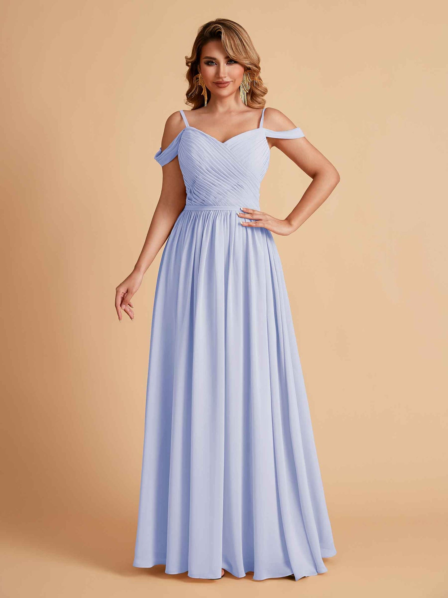 Elegant A-line Chiffon Off The Shoulder V-Neck Bridesmaid Dresses Online