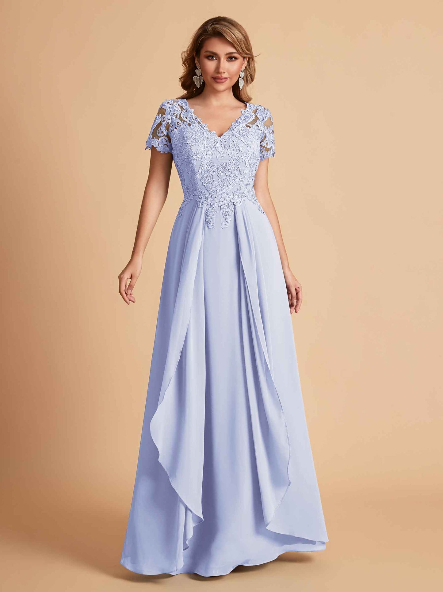 Elegant A-Line Chiffon Short Sleeves V-neck Mother of the Brides Dresses Lace Top MOB Dresses