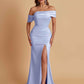 Elegant Soft Satin Mermaid Off Shoulder Asymmetrical Side Slit Floor-Length Bridesmaid Dresses