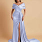Elegant Soft Satin V-neck Off-the-Shoulder Side-Slit Mermaid Bridesmaid Dresses