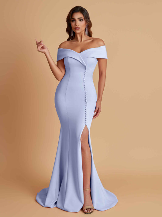 Elegant Soft Satin Mermaid Off Shoulder Side Slit Floor-Length Bridesmaid Dresses