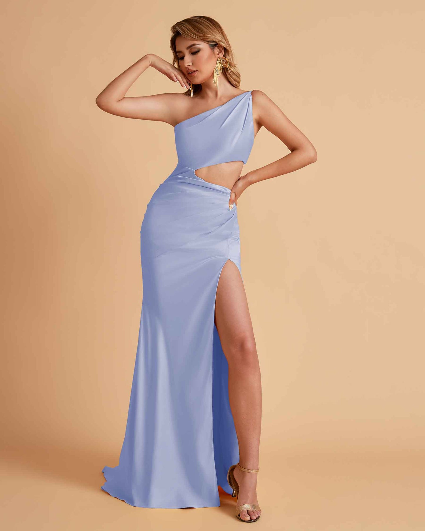 Sexy One-Shoulder Waist Cutout With High Split Floor-Length Bridesmaid Dresses