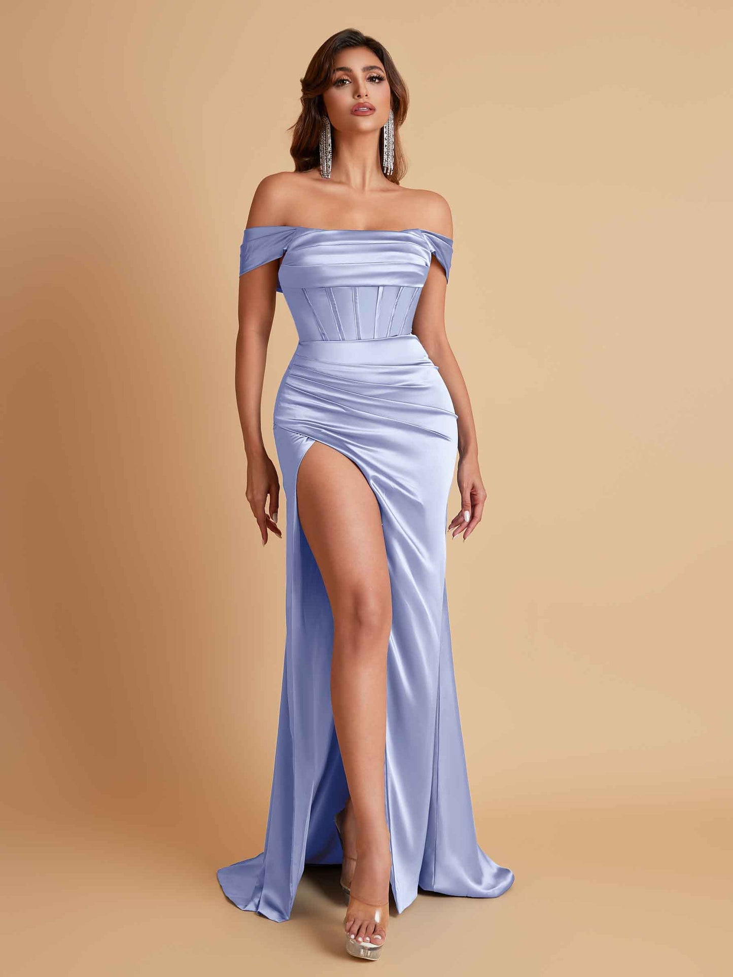 Sexy Off the Shoulder Soft Satin Side Slit Floor-Length Mermaid Bridesmaid Dresses