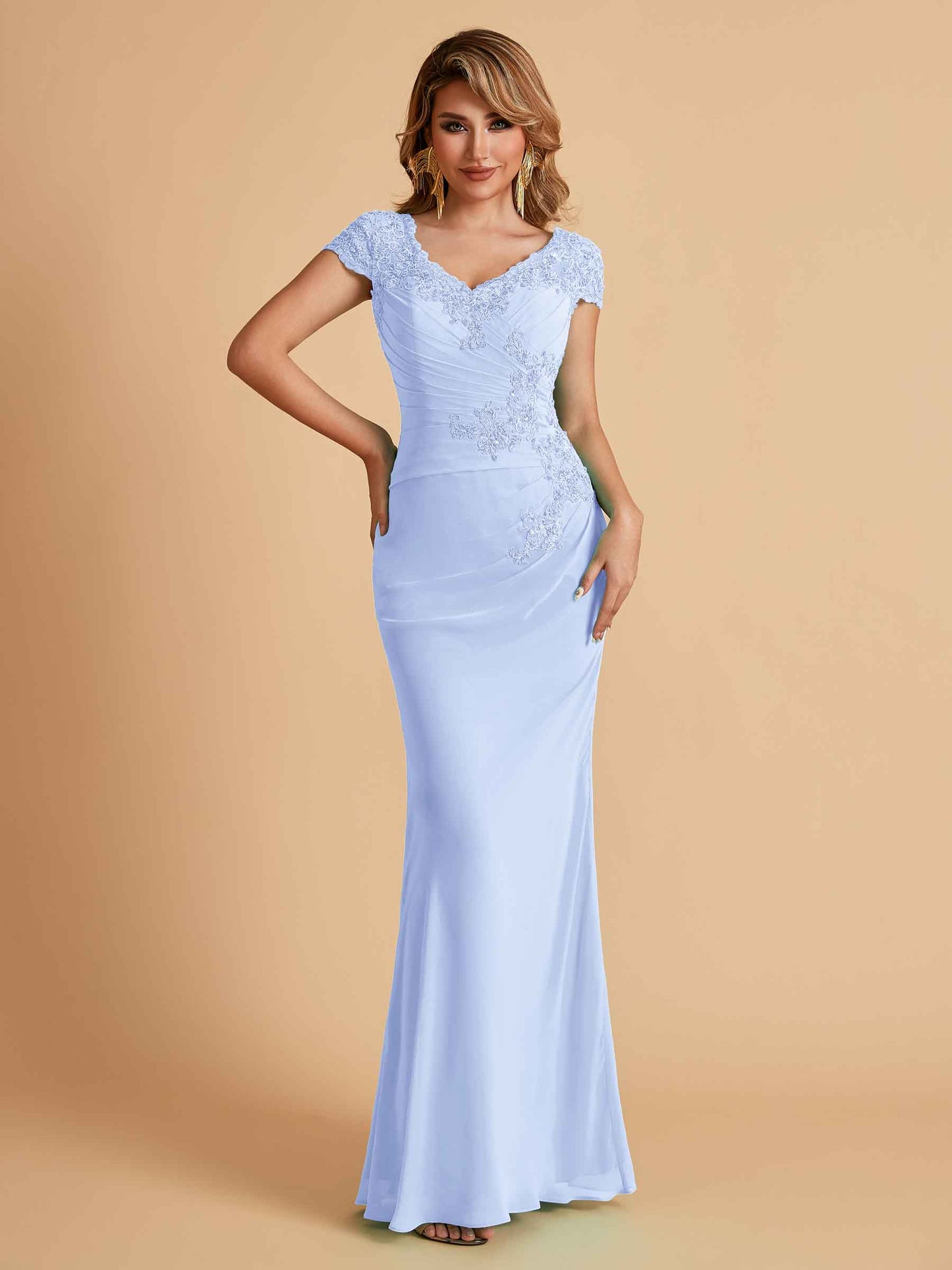 Elegant Mermaid Chiffon Cap Sleeves V-Neck Mother of the Brides Dresses Online
