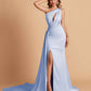 Sexy Satin Mermaid One Shoulder Side Slit Long Bridesmaid Dresses