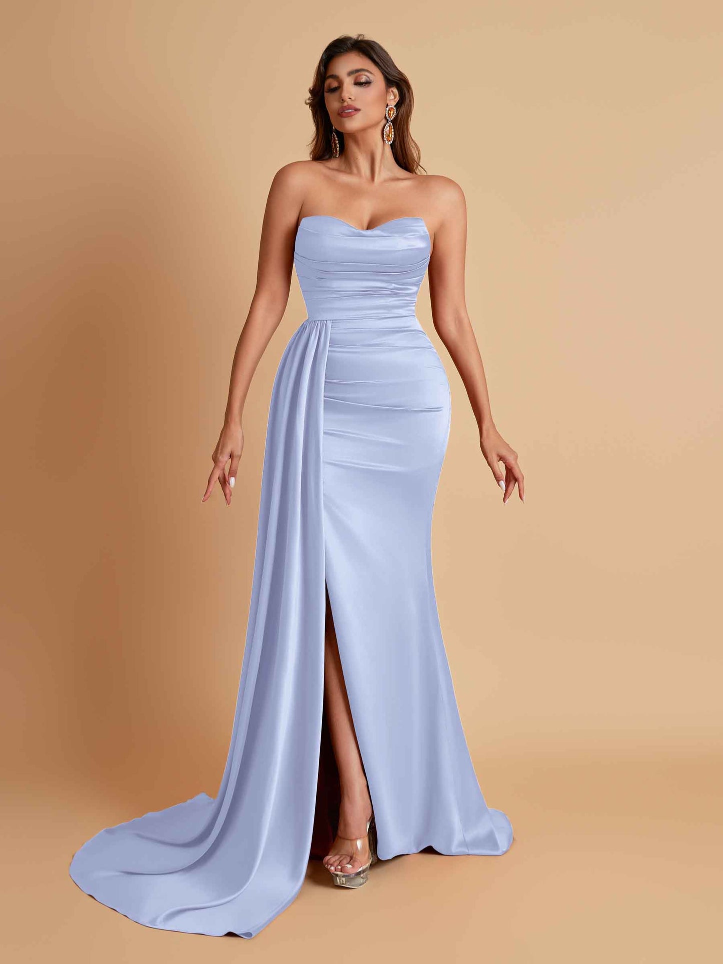 Elegant Soft Satin Sweetheart Strapless Side-Slit Mermaid Bridesmaid Dresses