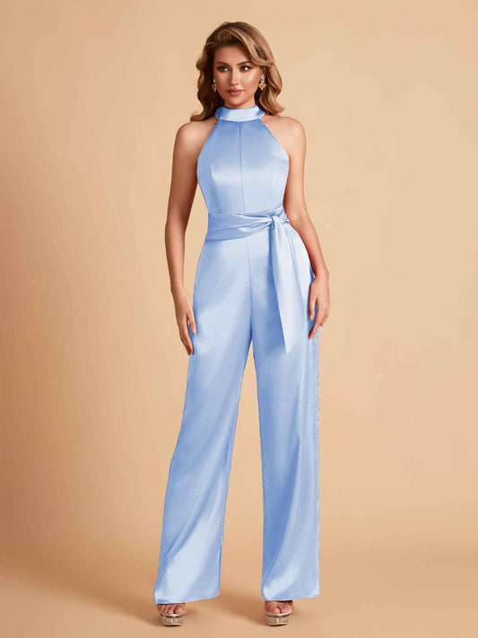 Elegant Satin Halter Sleeveless Satin Floor Length Bridesmaid Jumpsuit