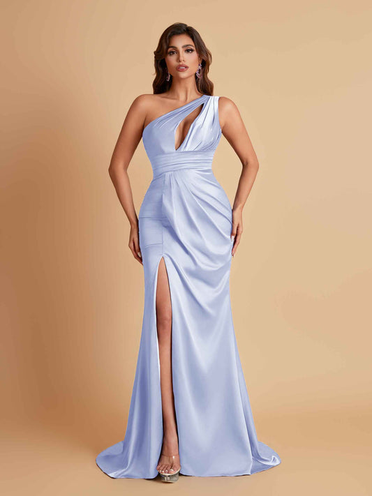 Sexy One Shoulder Soft Satin Side Slit Floor-Length Mermaid Bridesmaid Dresses