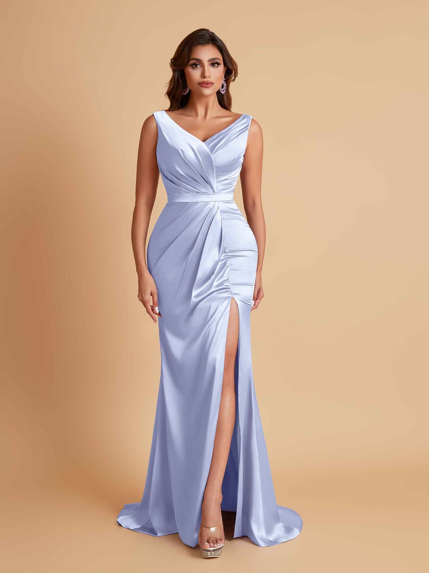 Elegant V Neck Soft Satin Side Slit Floor-Length Mermaid Bridesmaid Dresses