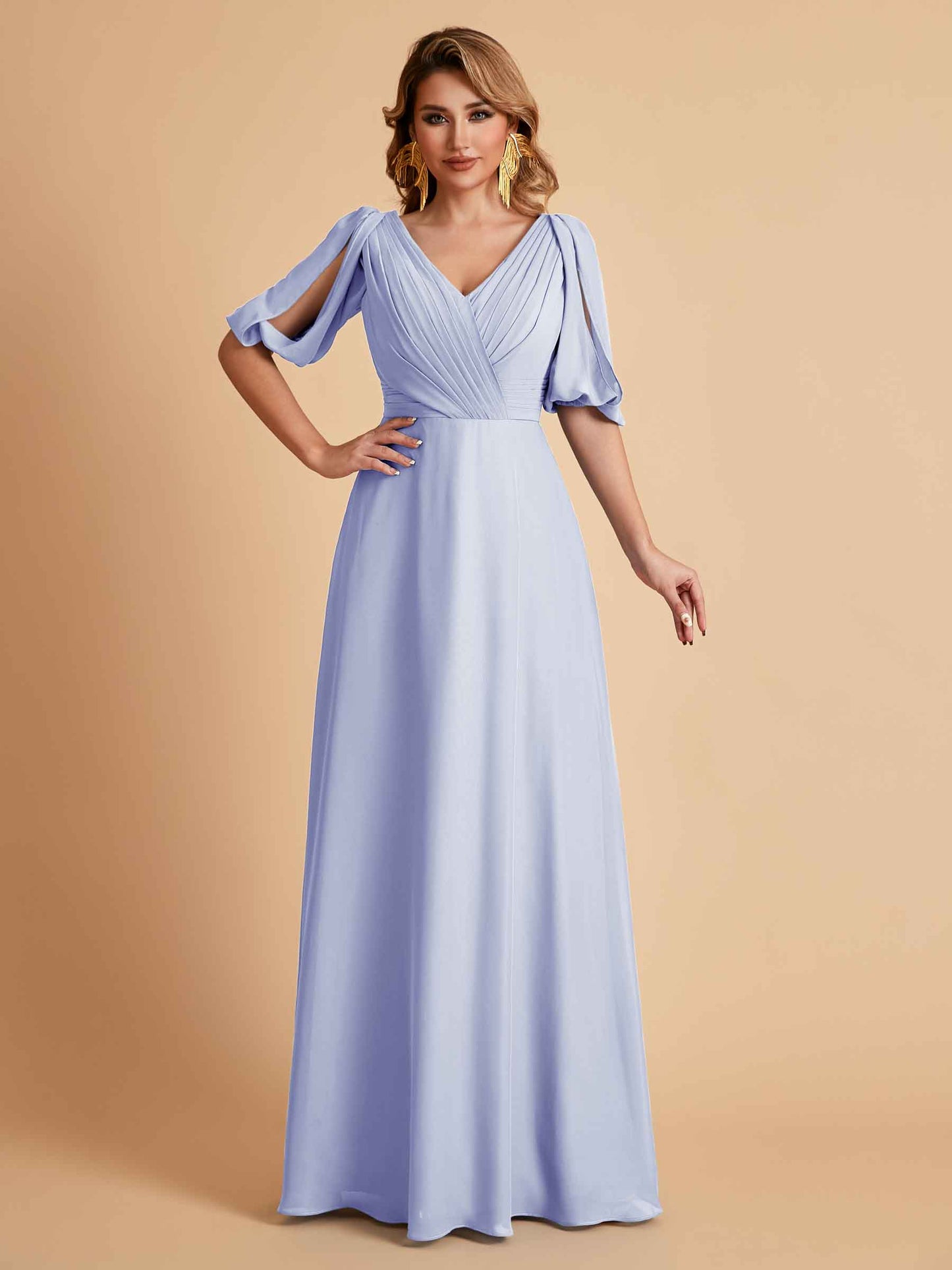 Elegant A-Line Chiffon Half Sleeves V-Neck Mother of the Brides Dresses Online