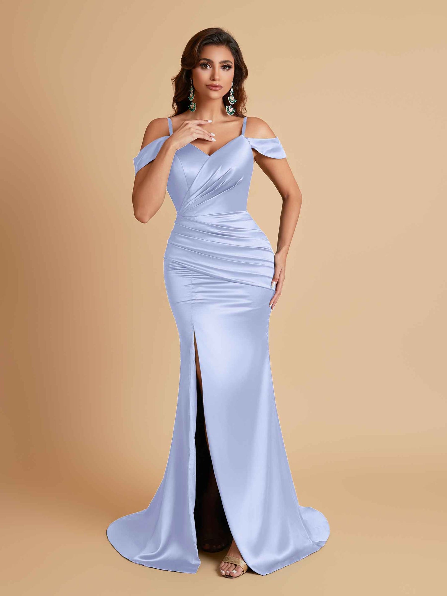 Sexy Soft Satin Mermaid Off Shoulder Side Slit Floor-Length Mermaid Bridesmaid Dresses
