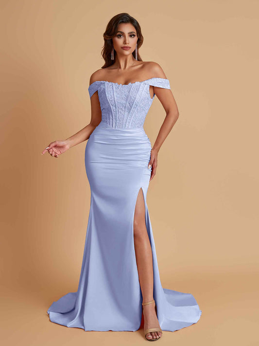 Elegant Soft Satin Mermaid Off Shoulder Side Slit Floor-Length Mermaid Bridesmaid Dresses