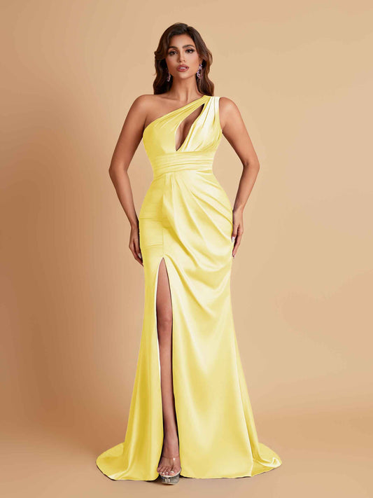 Sexy One Shoulder Soft Satin Side Slit Floor-Length Mermaid Bridesmaid Dresses