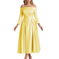 Off Shoulder Mother of the Bride Dress Tea-Length Satin Gown with Lace Applique