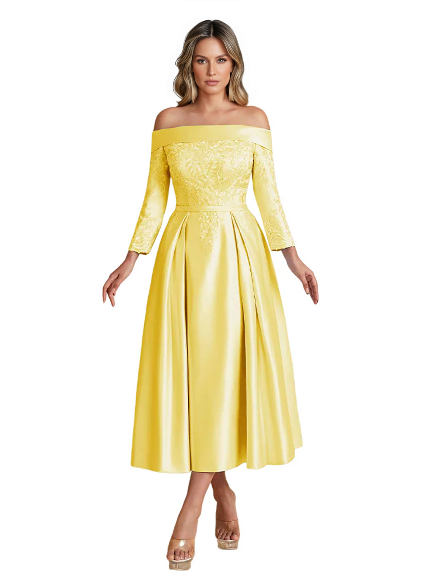 Off Shoulder Mother of the Bride Dress Tea-Length Satin Gown with Lace Applique