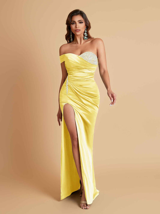 Sexy Soft Satin Mermaid One Shoulder Side Slit Floor-Length Mermaid Bridesmaid Dresses