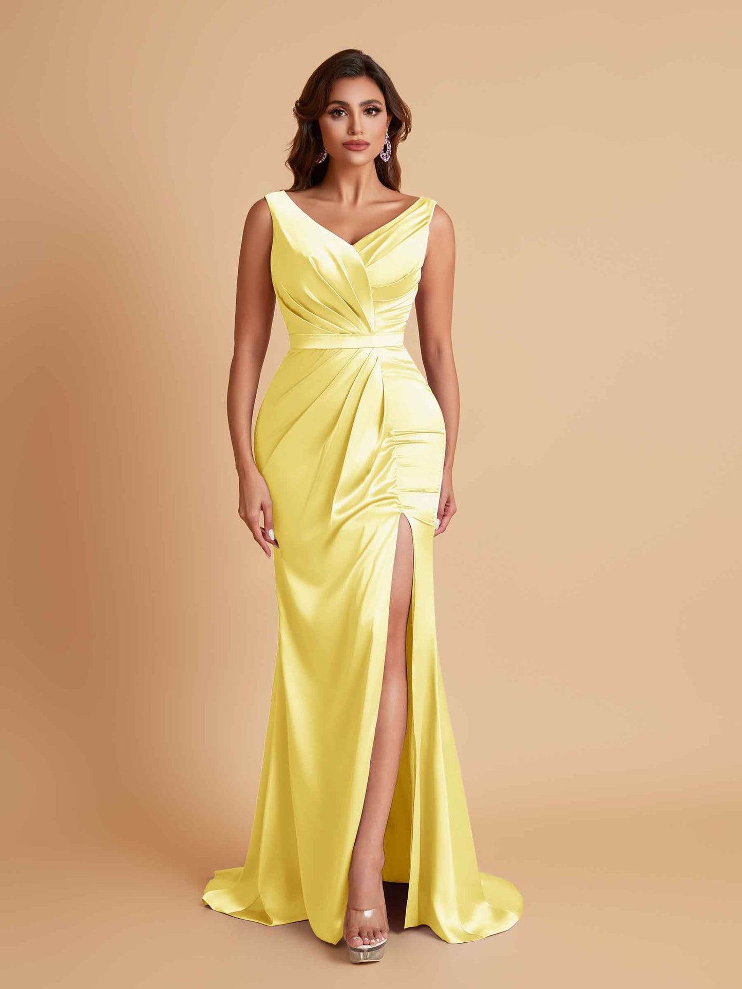 Elegant V Neck Soft Satin Side Slit Floor-Length Mermaid Bridesmaid Dresses