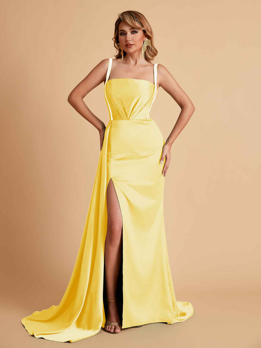 Sexy Satin Mermaid With Train Bridesmaid Dresses Pleats Side-Slit Floor-Length Wedding Guest Dresses