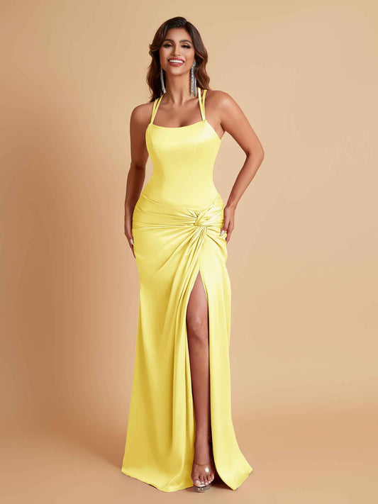 Gorgeous Square Criss Cross Soft Satin Side Slit Floor-Length Mermaid Bridesmaid Dresses